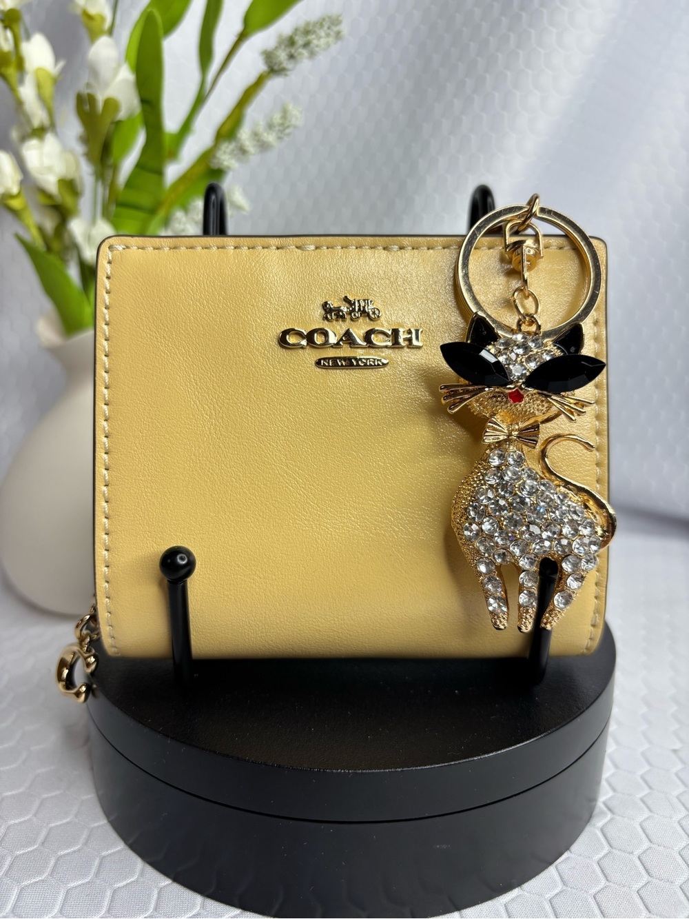 COACH Yellow Smooth Leather Snap Wallet with Crystal Cat Key Charm NWT